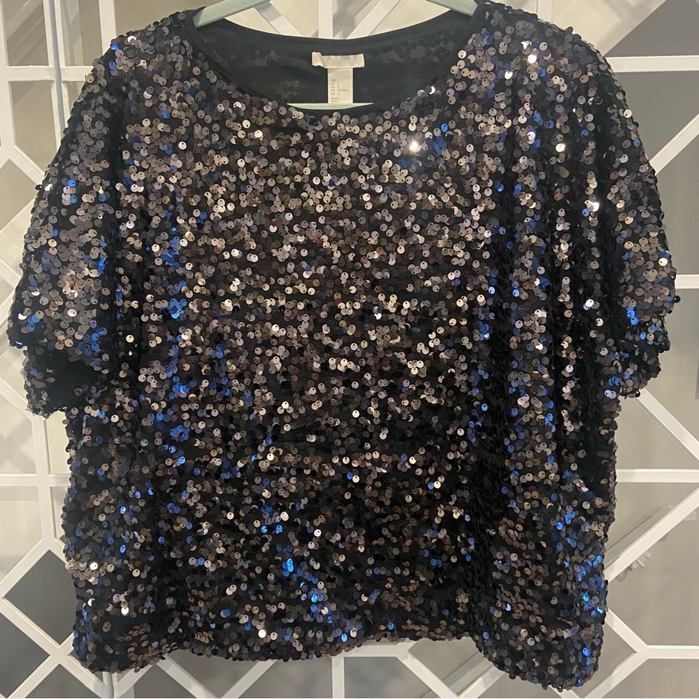 H&M Black Sequin Top Large Boxy Relaxed Party Evening NWOT - Picture 8 of 10